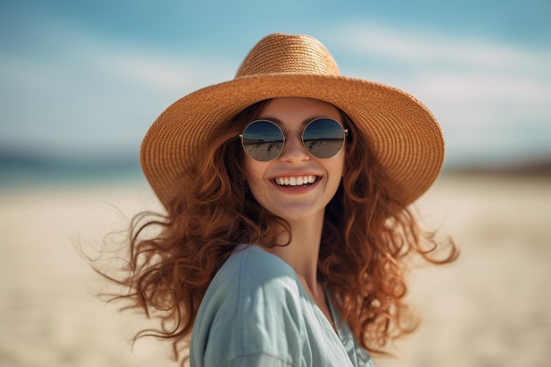 Smiling woman on beach.