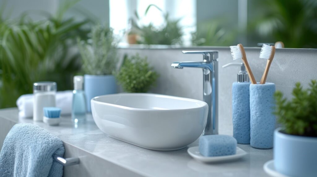 Bathroom sink with plants, towel, and toothbrush holder